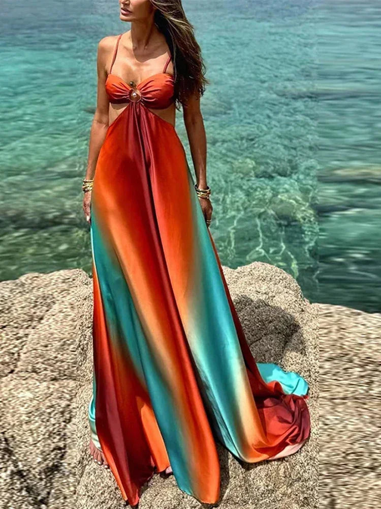 Vestido largo mujer en degradado naranja turquesa con recortes