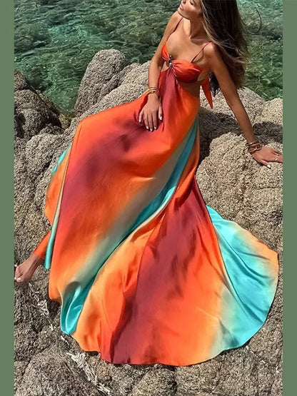 Vestido largo mujer en degradado naranja turquesa con recortes