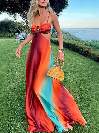 Vestido largo mujer en degradado naranja turquesa con recortes