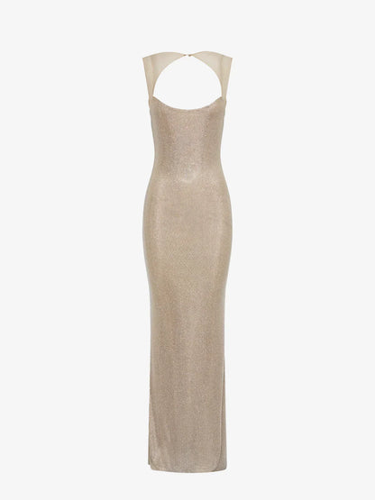 Vestido largo de mujer con espalda descubierta y lentejuelas