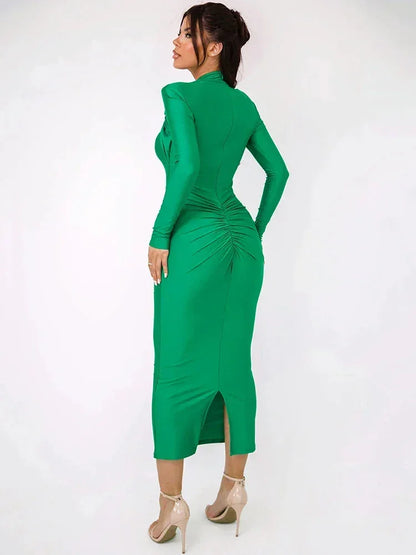 Vestido largo mujer con detalles metálicos y mangas largas