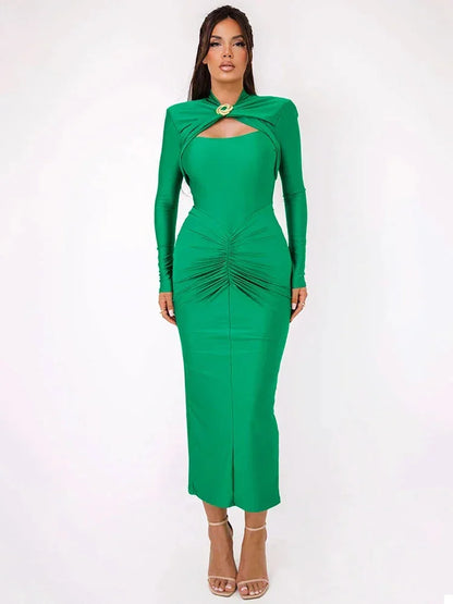 Vestido largo mujer con detalles metálicos y mangas largas