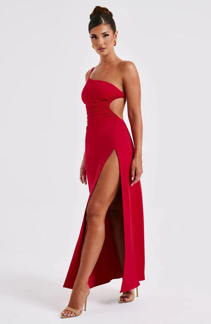 Vestido largo rojo con abertura y tirantes para mujer