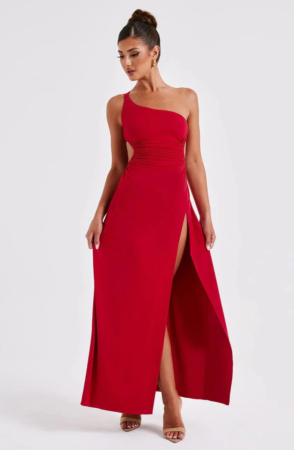 Vestido largo rojo con abertura y tirantes para mujer