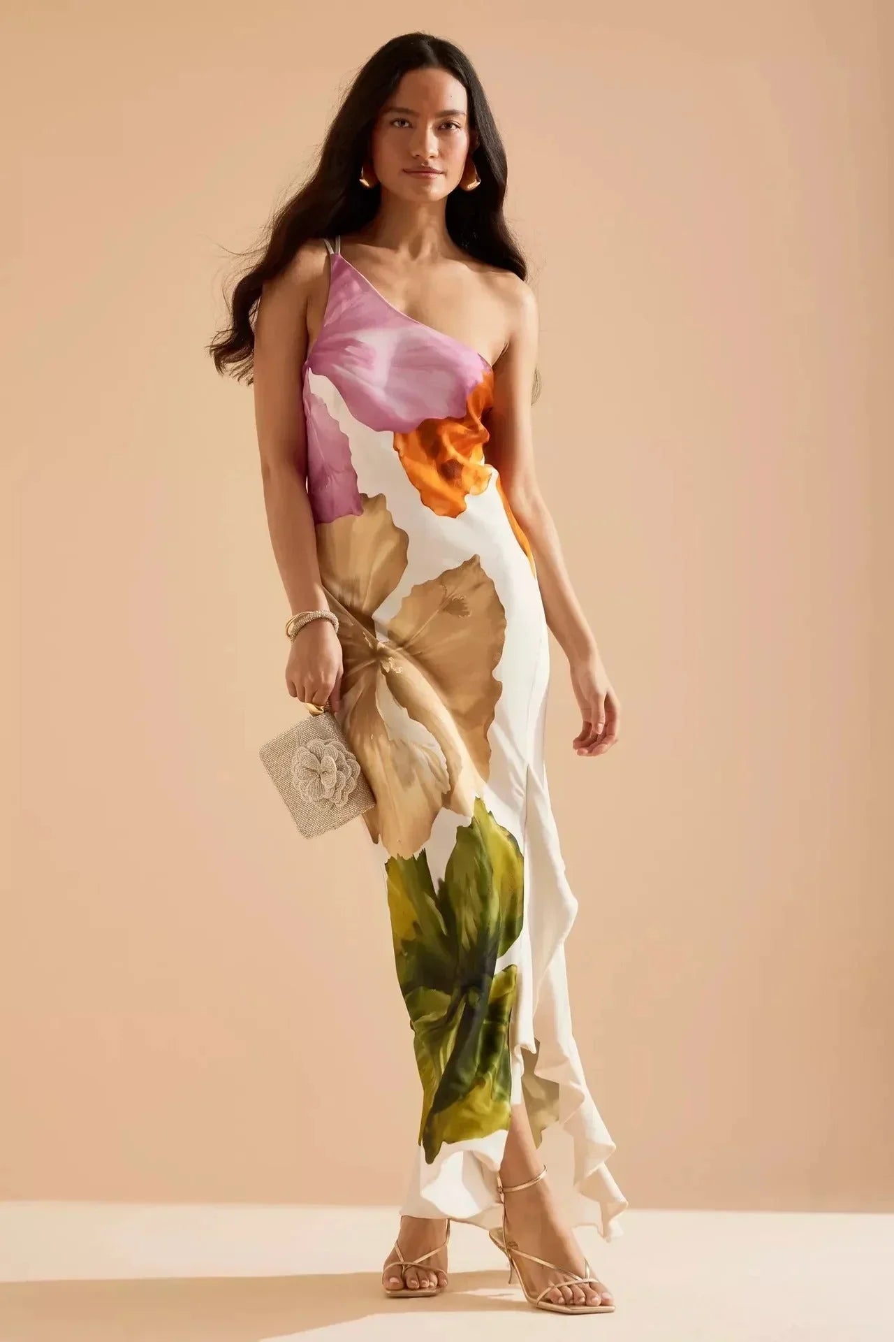 Vestido largo mujer con estampado floral multicolor y tirante fino
