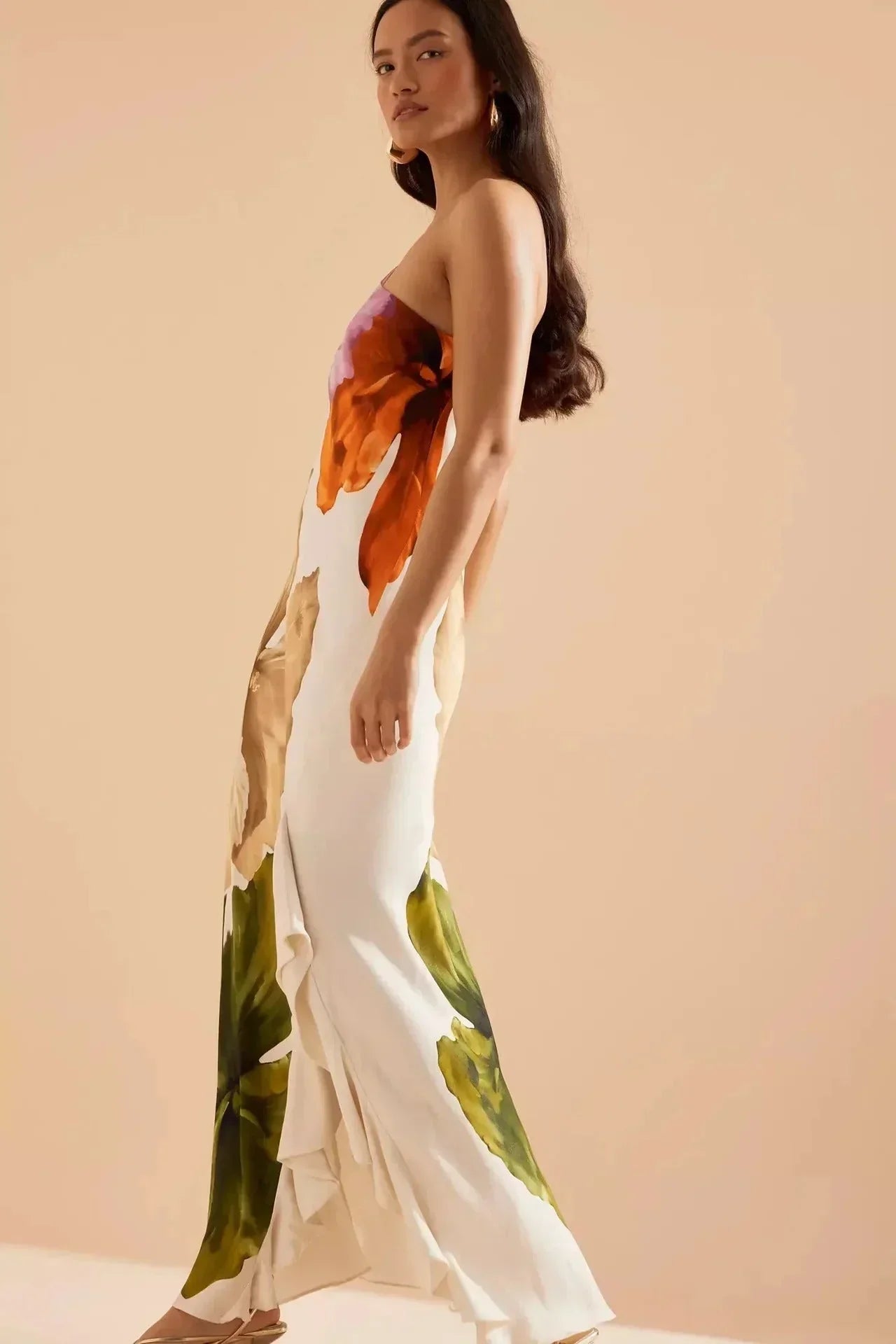 Vestido largo mujer con estampado floral multicolor y tirante fino