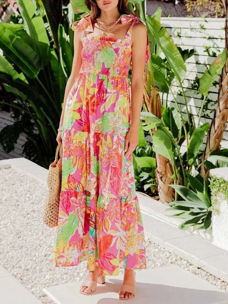 Vestido largo mujer veraniego estampado tropical sin mangas