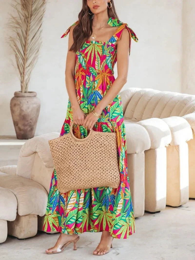 Vestido largo mujer veraniego estampado tropical sin mangas