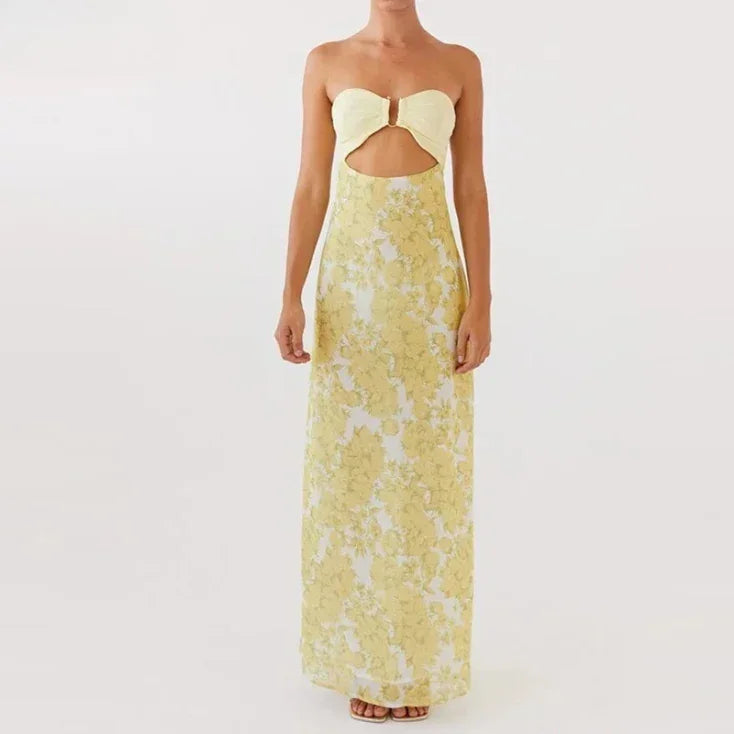 Vestido largo para mujer amarillo con estampado floral y abertura