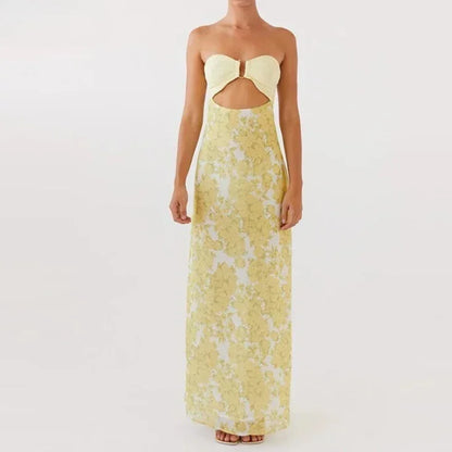 Vestido largo para mujer amarillo con estampado floral y abertura
