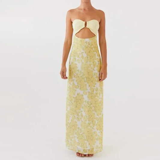 Vestido largo para mujer amarillo con estampado floral y abertura