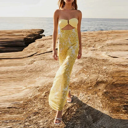 Vestido largo para mujer amarillo con estampado floral y abertura