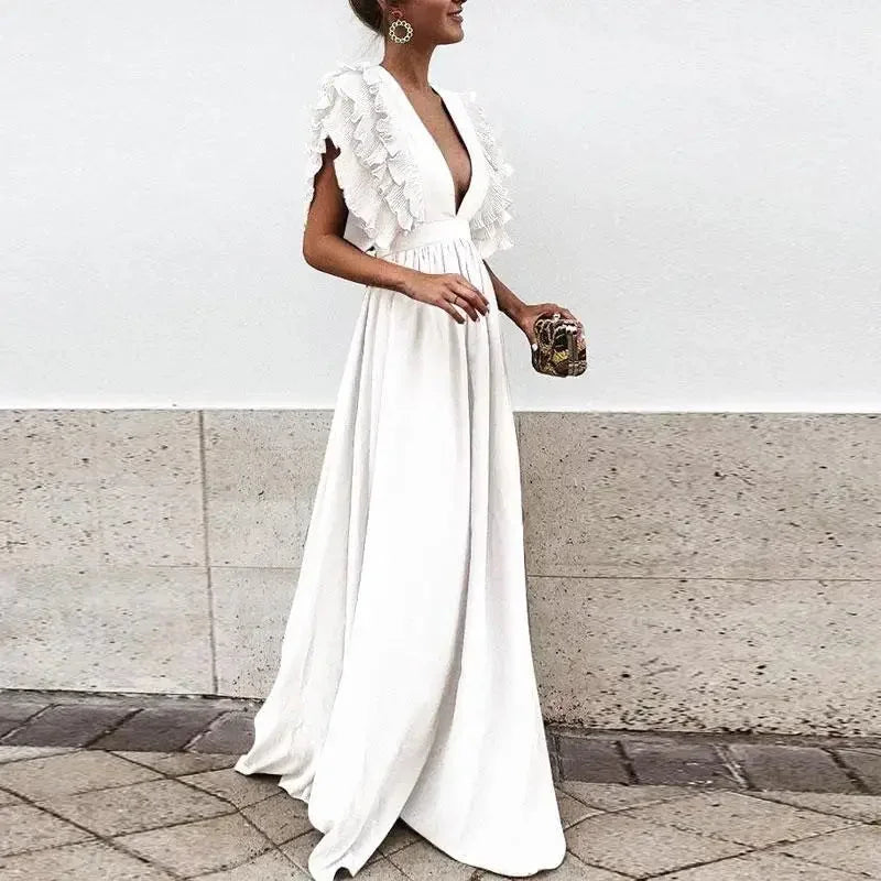 Vestido largo mujer fluido con mangas con volantes y escote