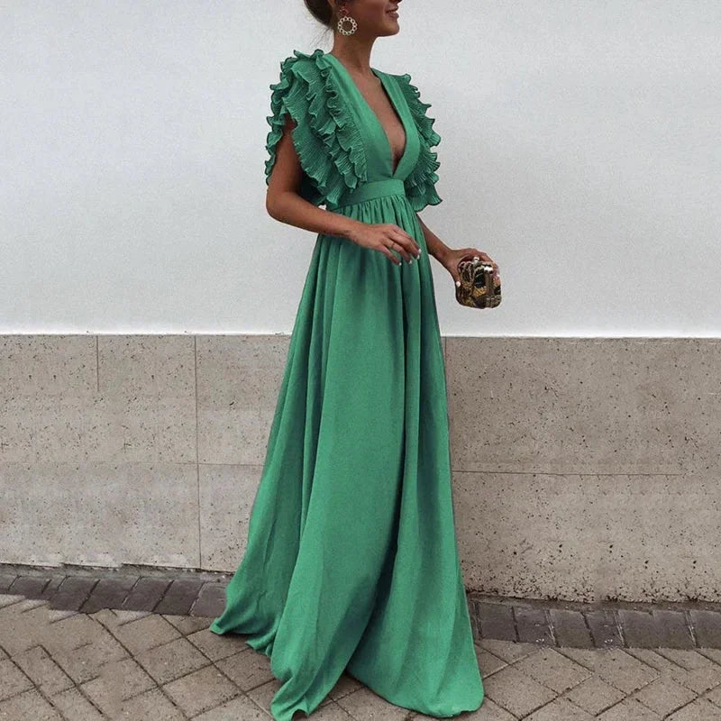 Vestido largo mujer fluido con mangas con volantes y escote