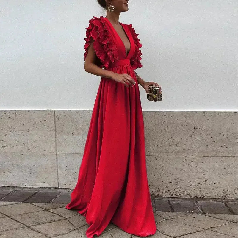 Vestido largo mujer fluido con mangas con volantes y escote