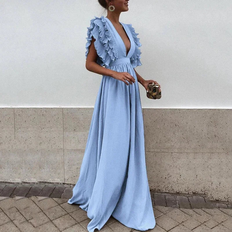 Vestido largo mujer fluido con mangas con volantes y escote