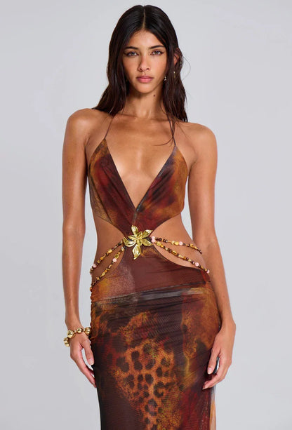 Vestido largo mujer marrón con estampado de leopardo y recortes