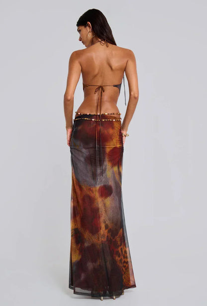Vestido largo mujer marrón con estampado de leopardo y recortes