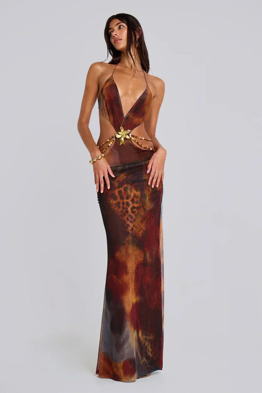 Vestido largo mujer marrón con estampado de leopardo y recortes