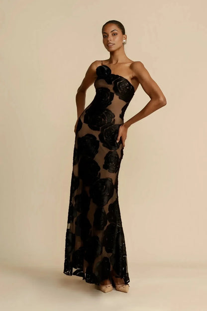 Vestido largo para mujer negro con motivos florales