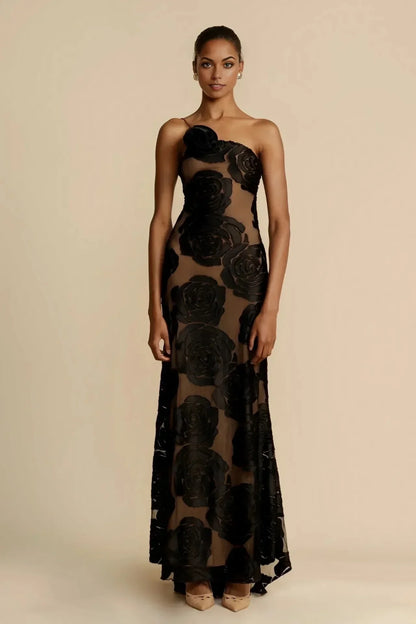 Vestido largo para mujer negro con motivos florales