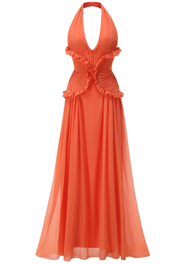 Vestido largo naranja con volantes para mujer