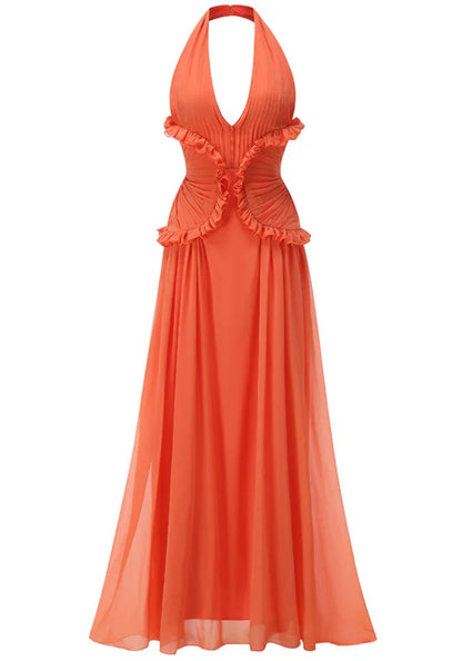 Vestido largo naranja con volantes para mujer