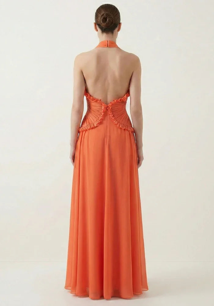 Vestido largo naranja con volantes para mujer