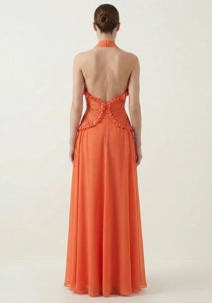 Vestido largo naranja con volantes para mujer