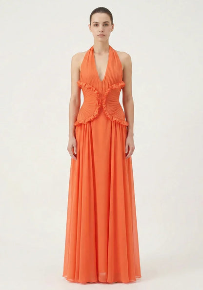Vestido largo naranja con volantes para mujer
