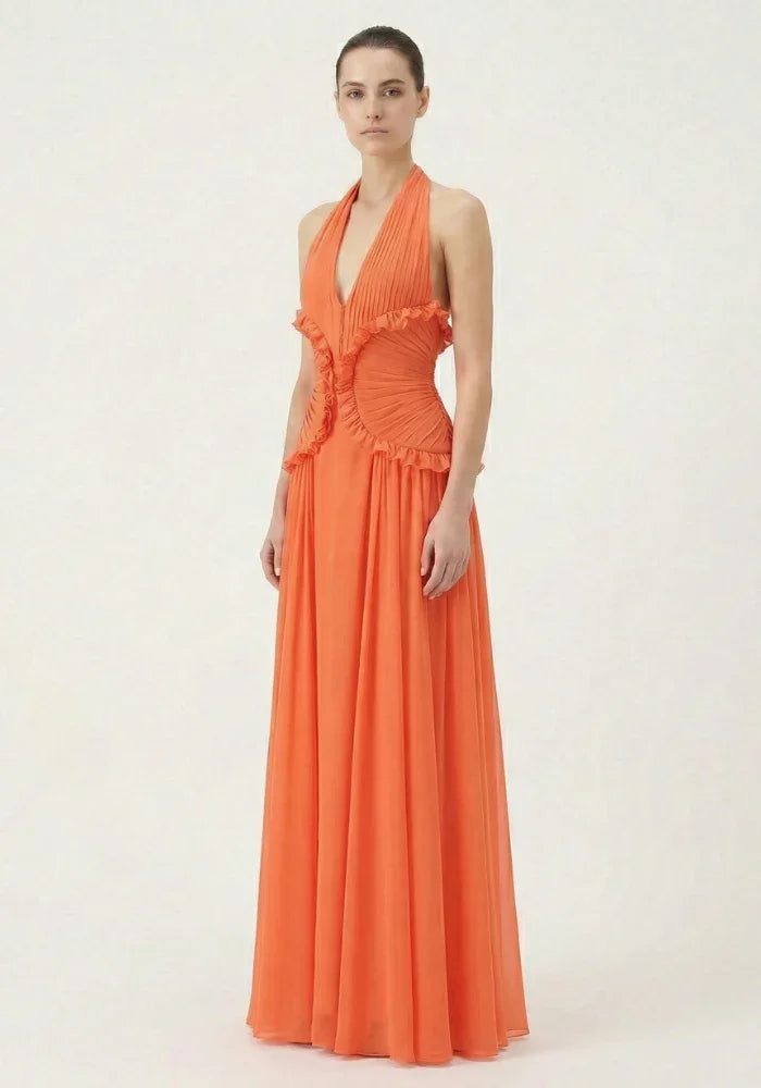 Vestido largo naranja con volantes para mujer
