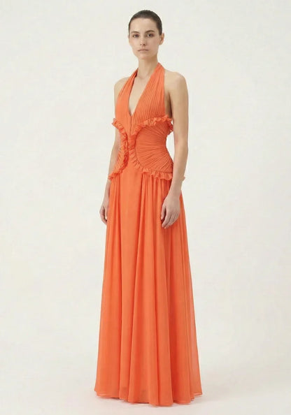 Vestido largo naranja con volantes para mujer