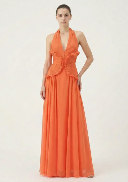 Vestido largo naranja con volantes para mujer