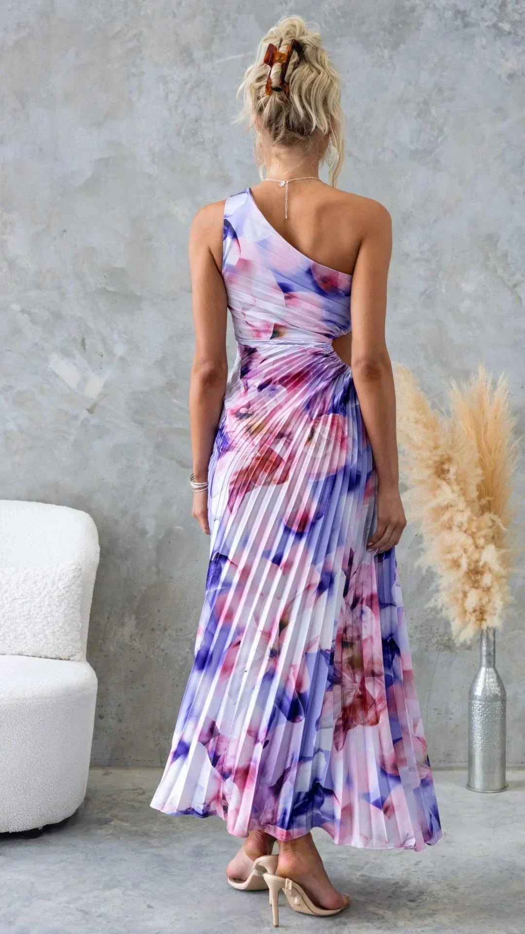 Vestido largo mujer plisado con flores y tirante único
