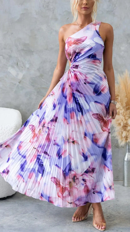 Vestido largo mujer plisado con flores y tirante único