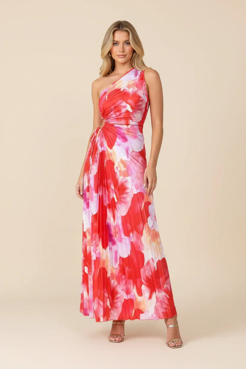 Vestido largo rojo floreado plisado para mujer