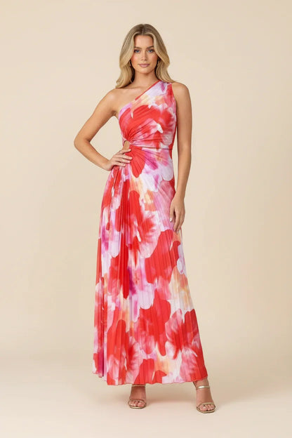 Vestido largo rojo floreado plisado para mujer