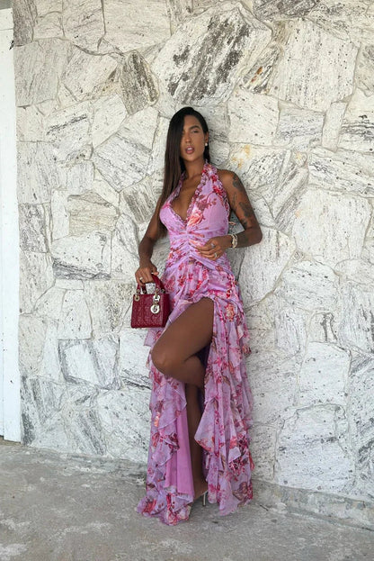 Vestido largo violeta floreado con volantes para mujer