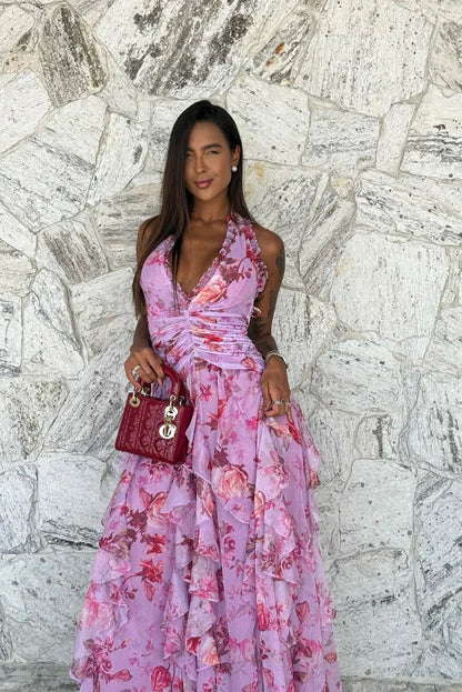 Vestido largo violeta floreado con volantes para mujer