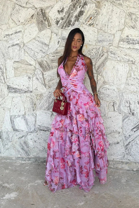 Vestido largo violeta floreado con volantes para mujer