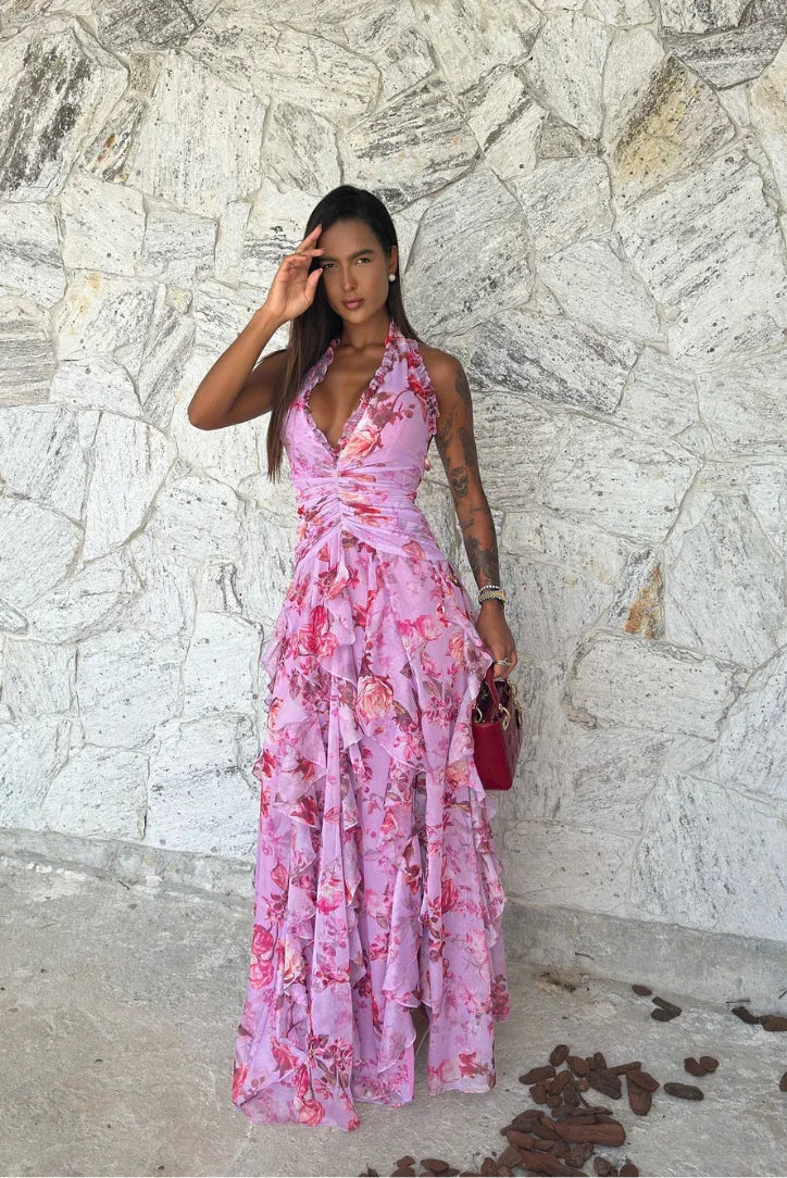 Vestido largo violeta floreado con volantes para mujer