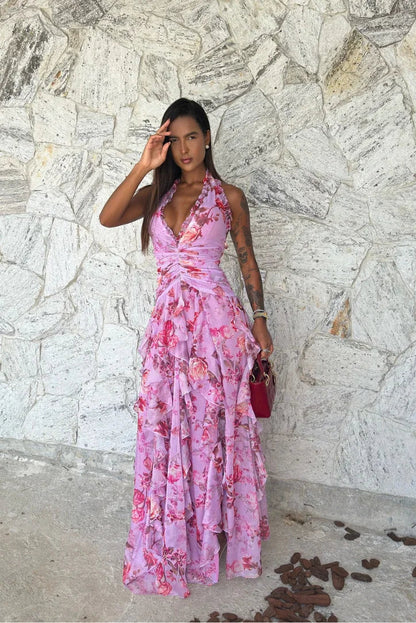 Vestido largo violeta floreado con volantes para mujer