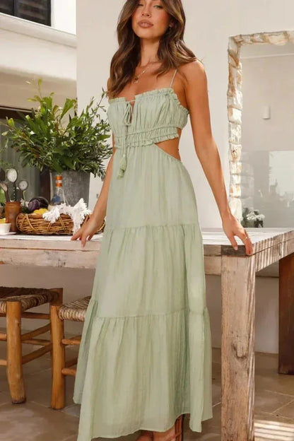 Vestido largo verano mujer espalda descubierta detalles con volantes