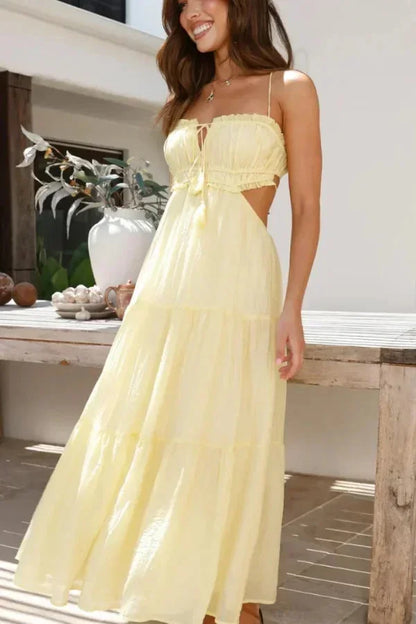 Vestido largo verano mujer espalda descubierta detalles con volantes