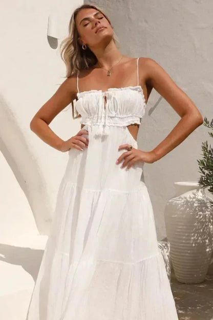 Vestido largo verano mujer espalda descubierta detalles con volantes