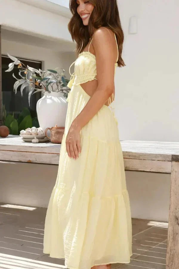 Vestido largo verano mujer espalda descubierta detalles con volantes