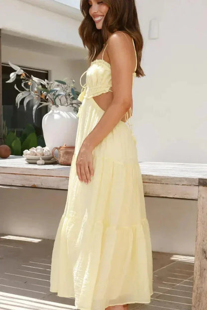 Vestido largo verano mujer espalda descubierta detalles con volantes