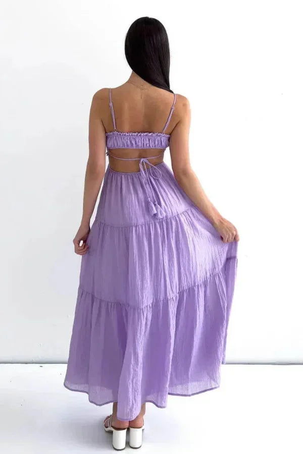 Vestido largo verano mujer espalda descubierta detalles con volantes