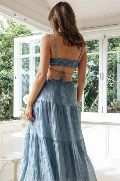 Vestido largo verano mujer espalda descubierta detalles con volantes