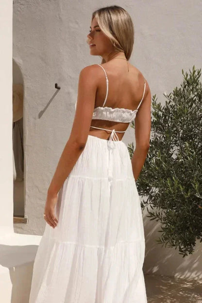 Vestido largo verano mujer espalda descubierta detalles con volantes